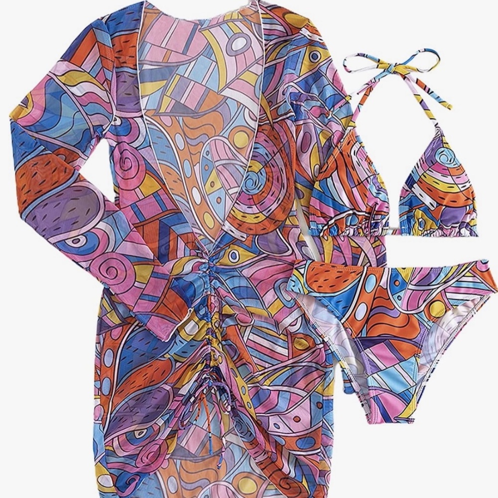 Printed Triangle Halter Bikini Bathing Suit with Cover Up 3 Piece Swimsuits